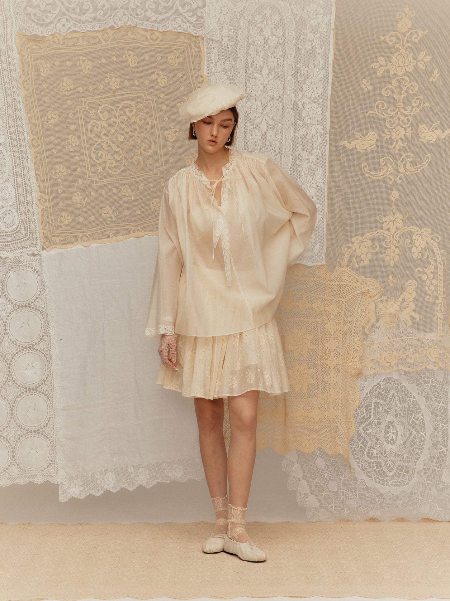 Long-sleeved silk cotton top with a ruched collar