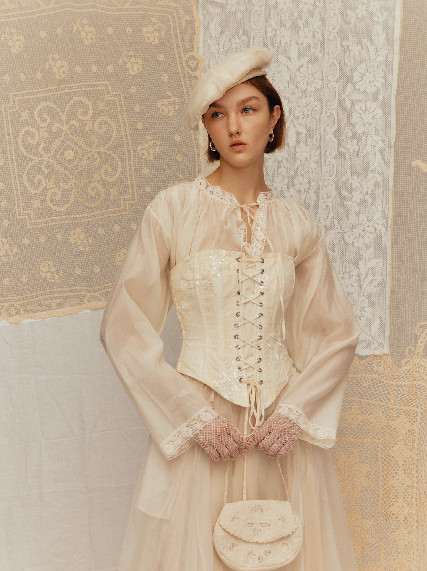 Long-sleeved silk cotton top with a ruched collar