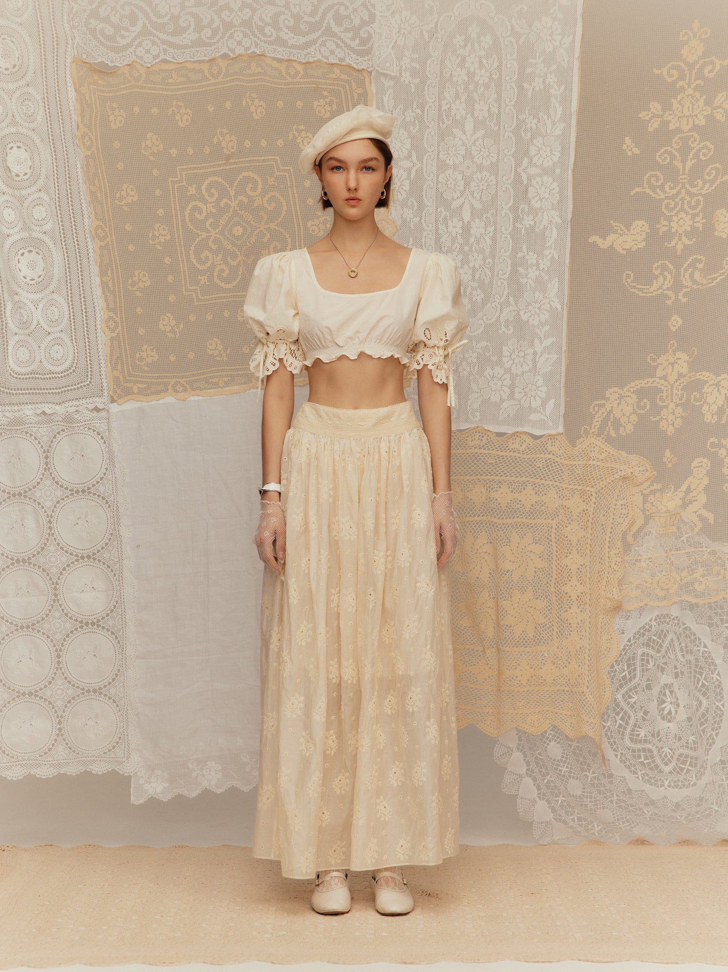 Long midi skirt made of silk-cotton embroidered fabric