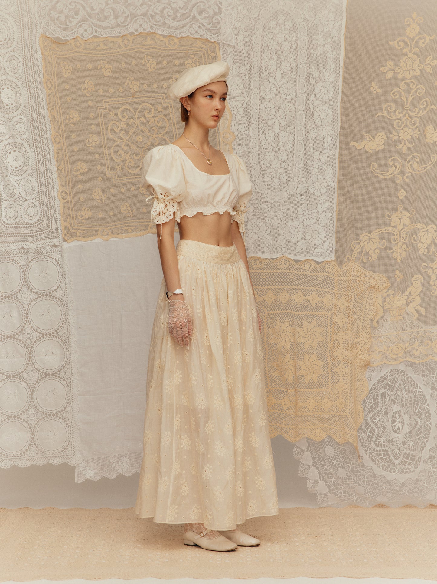 Long midi skirt made of silk-cotton embroidered fabric