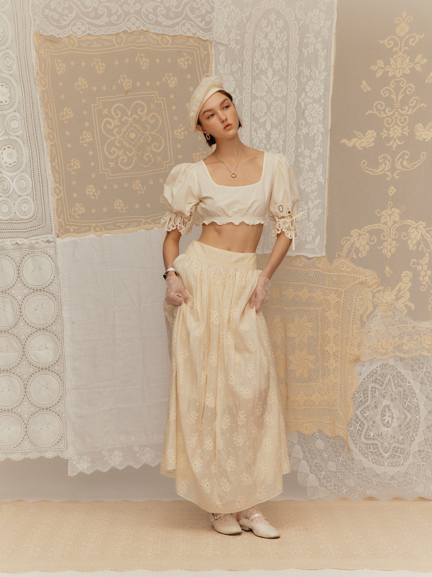 Long midi skirt made of silk-cotton embroidered fabric