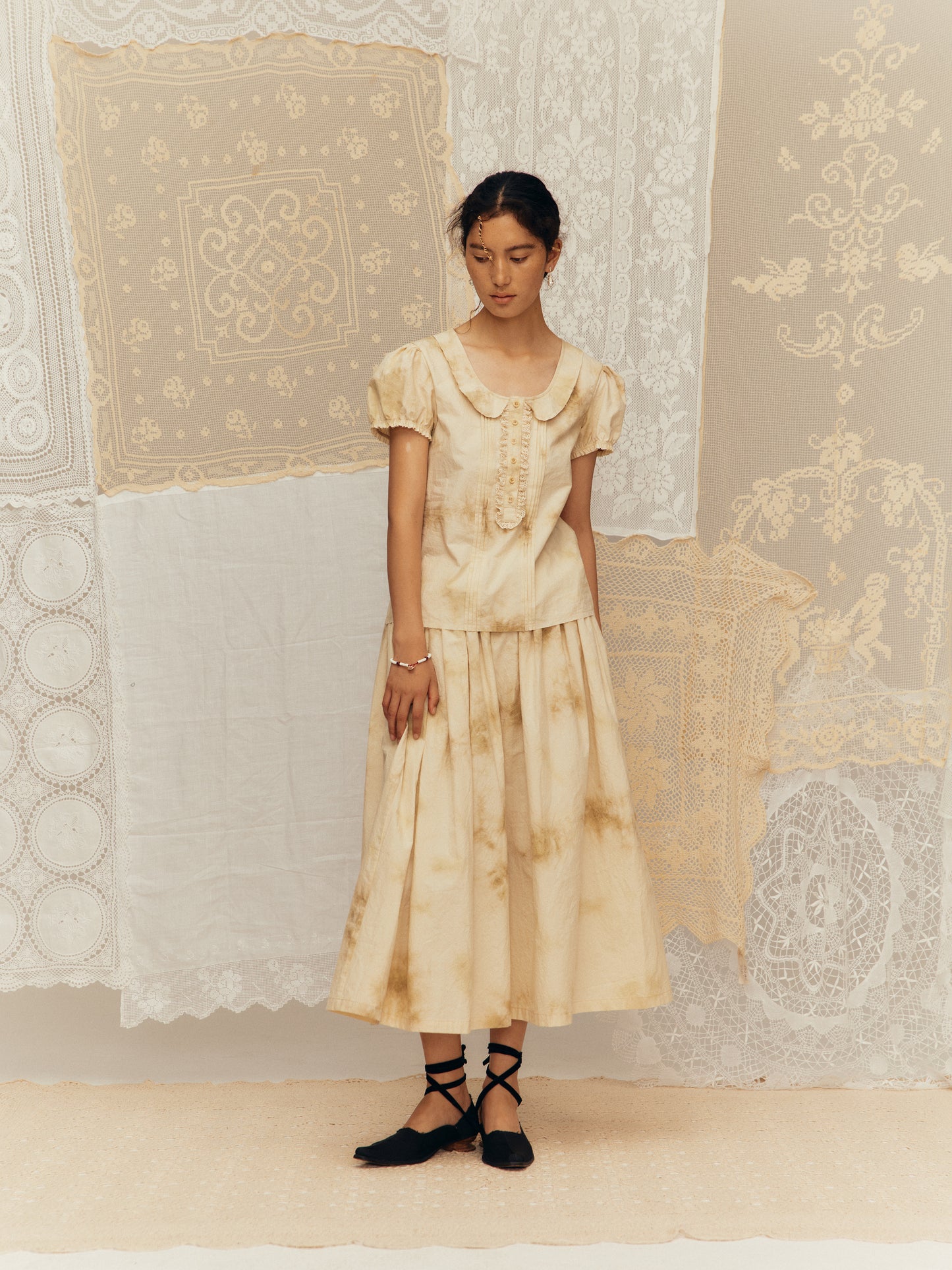 Tie-dye cotton ruched A-line skirt
