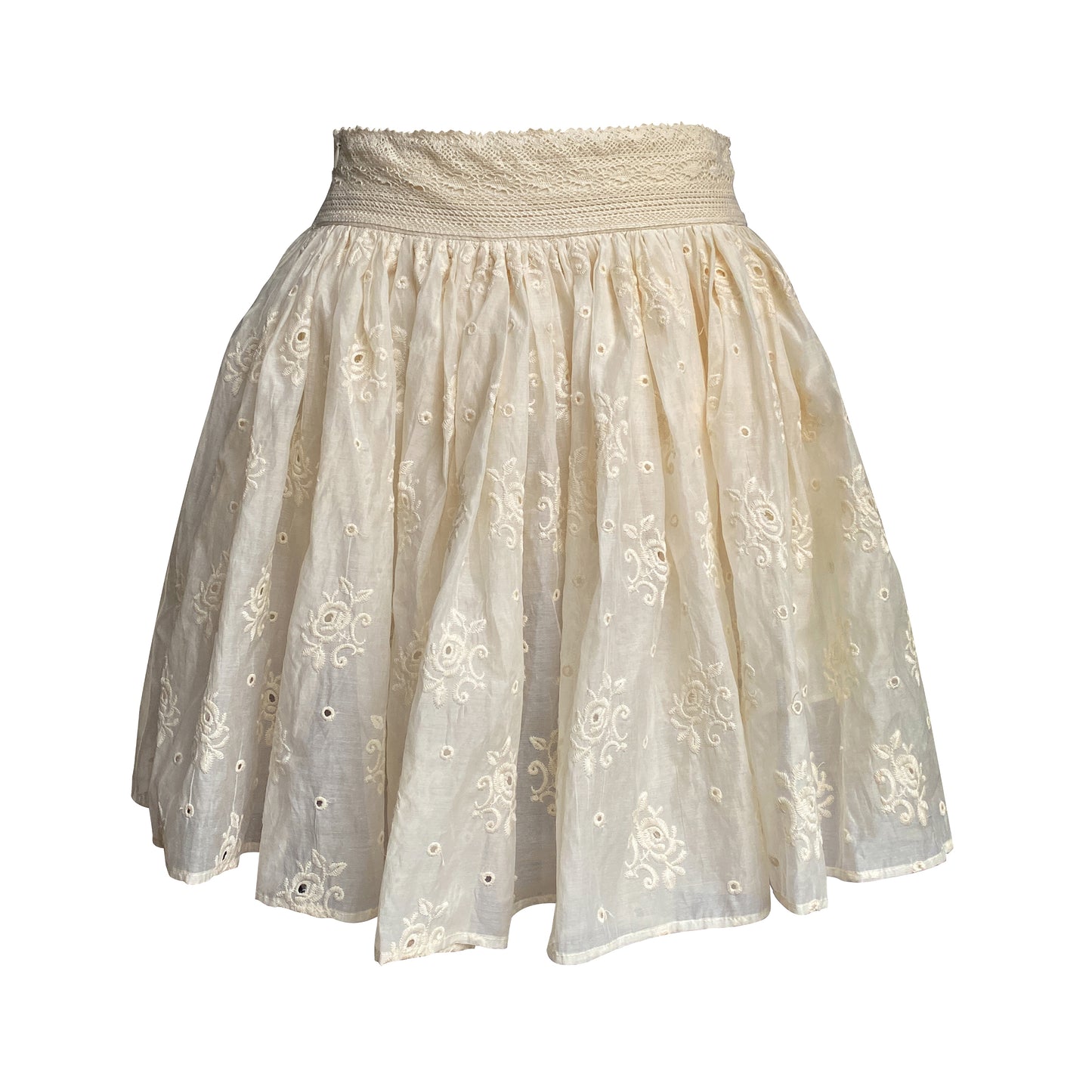 A-line short skirt made of silk-cotton fabric with floral patterns and embroidery