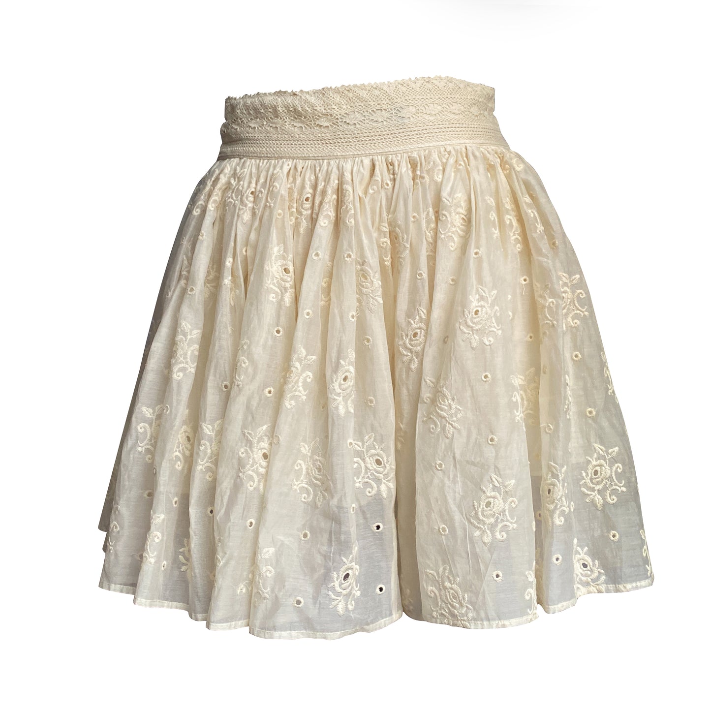 A-line short skirt made of silk-cotton fabric with floral patterns and embroidery
