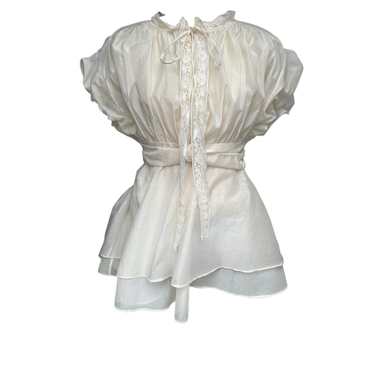 Sleeveless silk cotton top with a ruched collar and a cinched waist