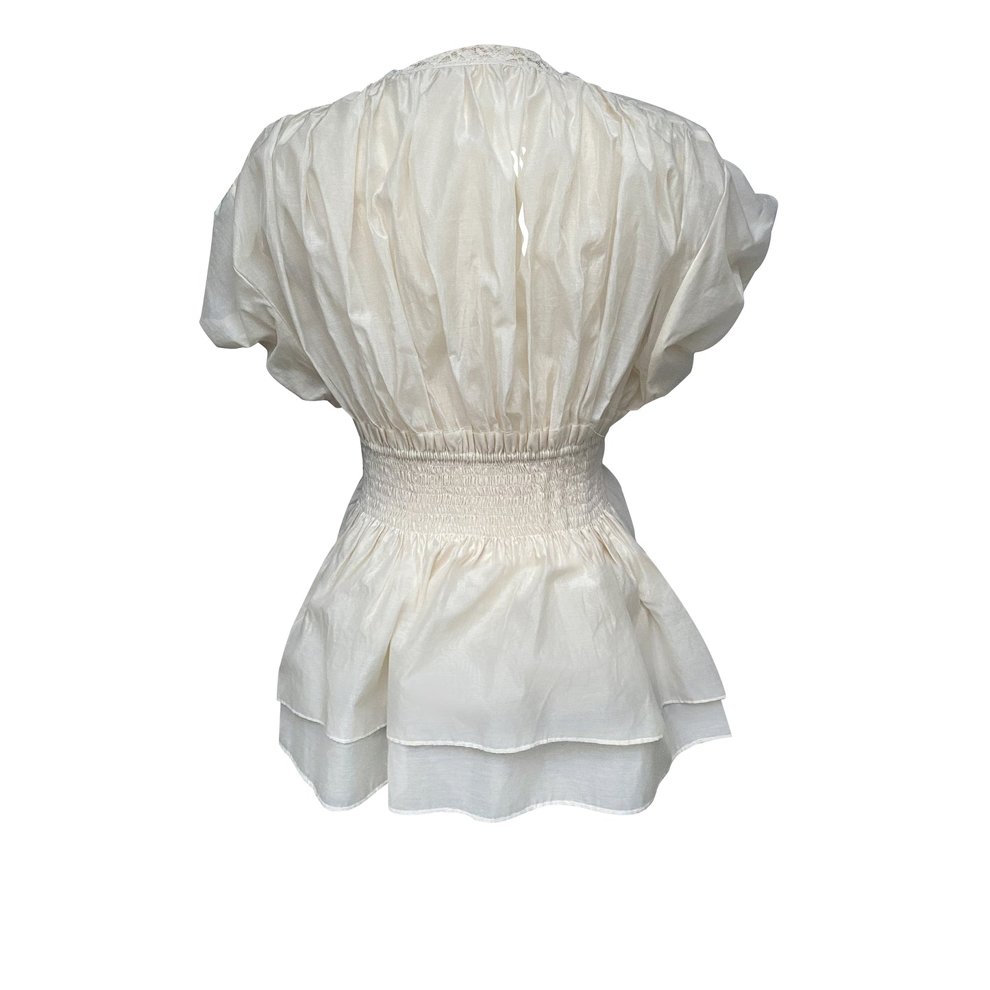 Sleeveless silk cotton top with a ruched collar and a cinched waist