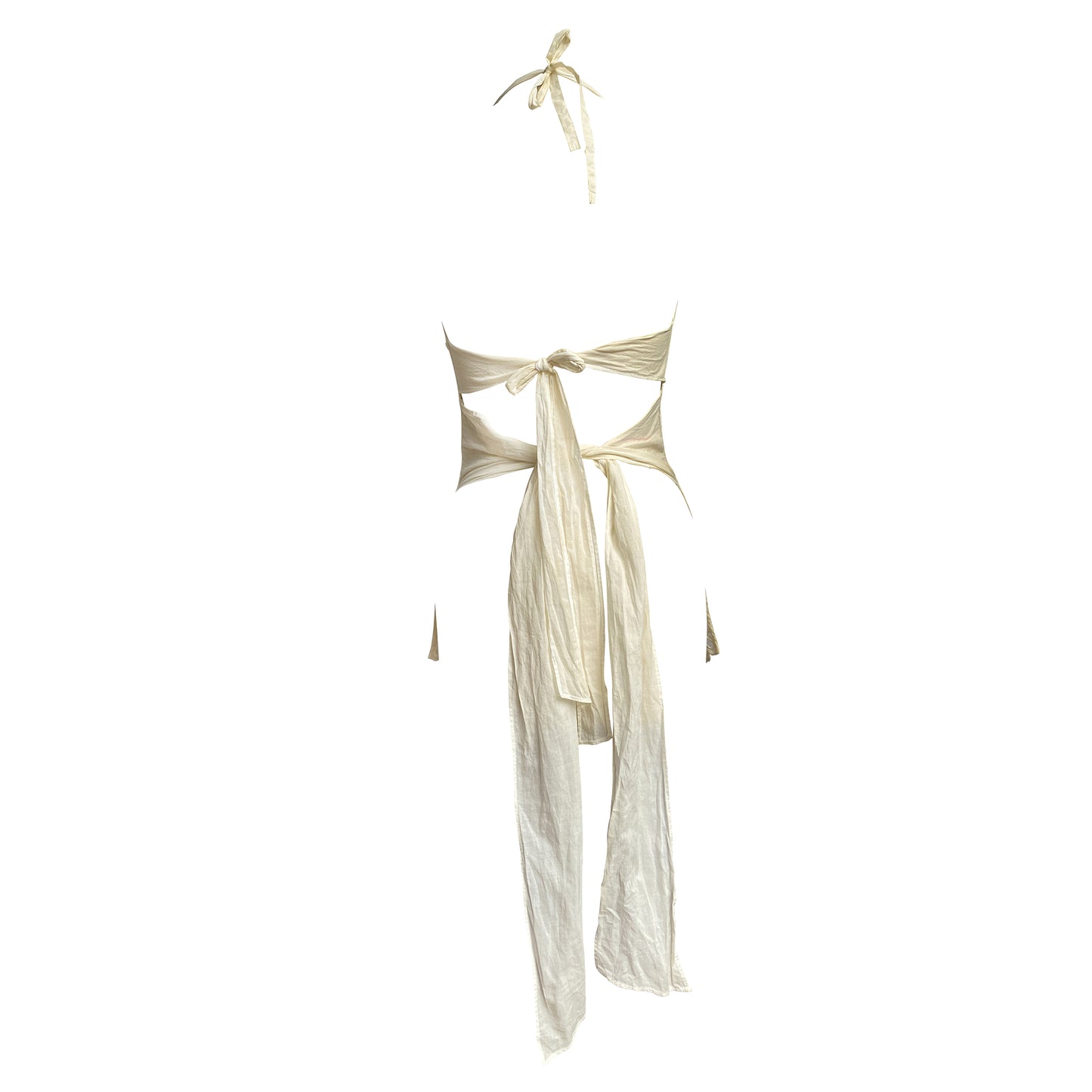 Cold-dyed with frilly ruffled collar, cinched waist and halter neck design