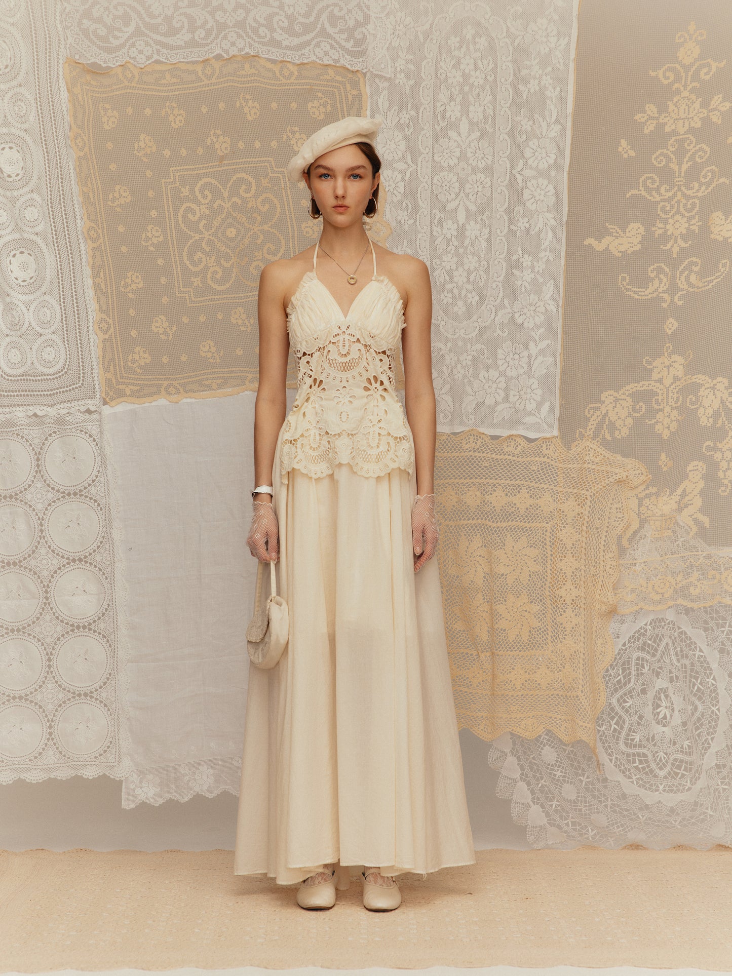 Halter Neck Lace-Up Embroidered Hollow-Out Dres