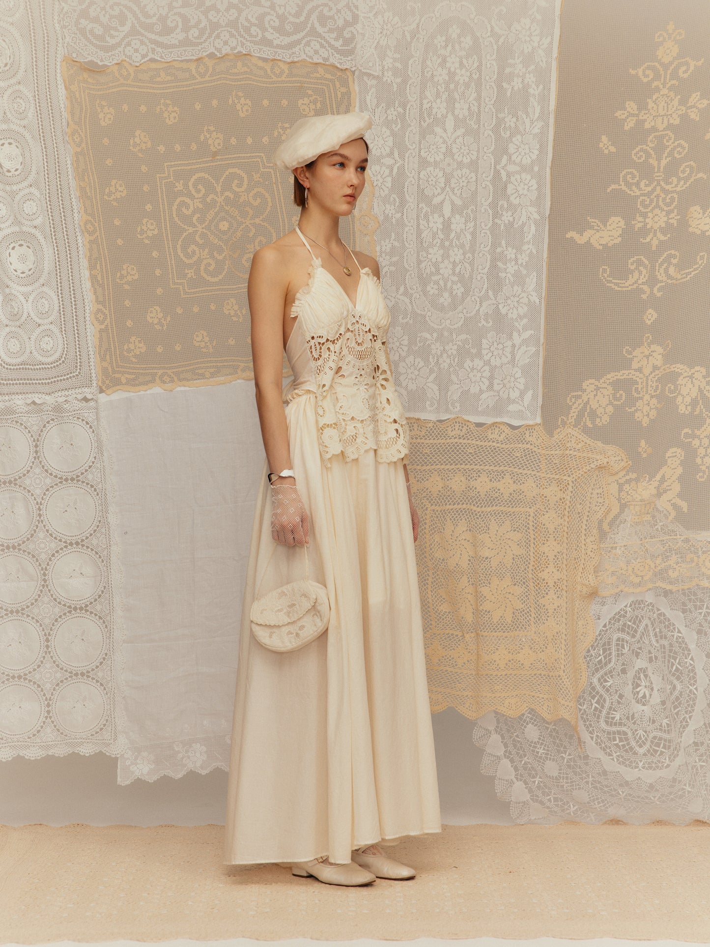 Halter Neck Lace-Up Embroidered Hollow-Out Dres