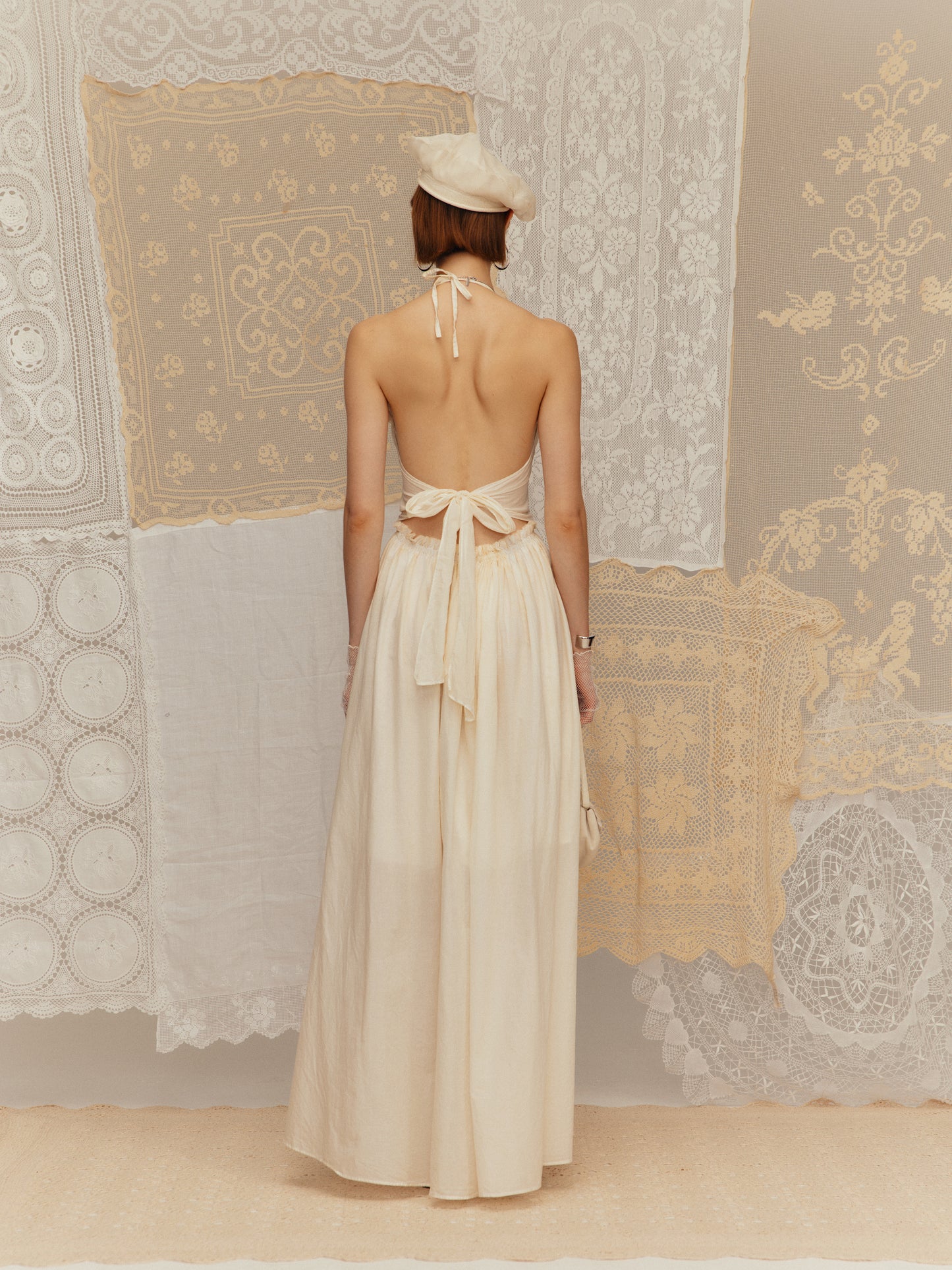 Halter Neck Lace-Up Embroidered Hollow-Out Dres