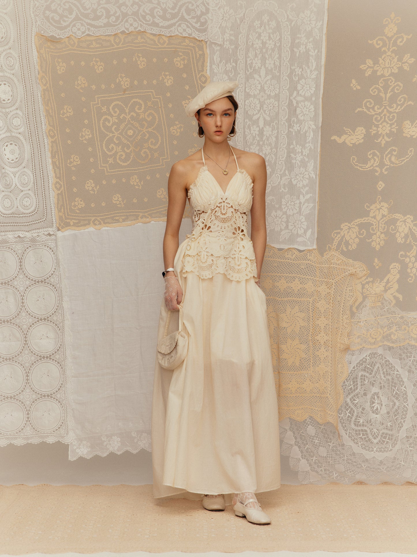 Halter Neck Lace-Up Embroidered Hollow-Out Dres