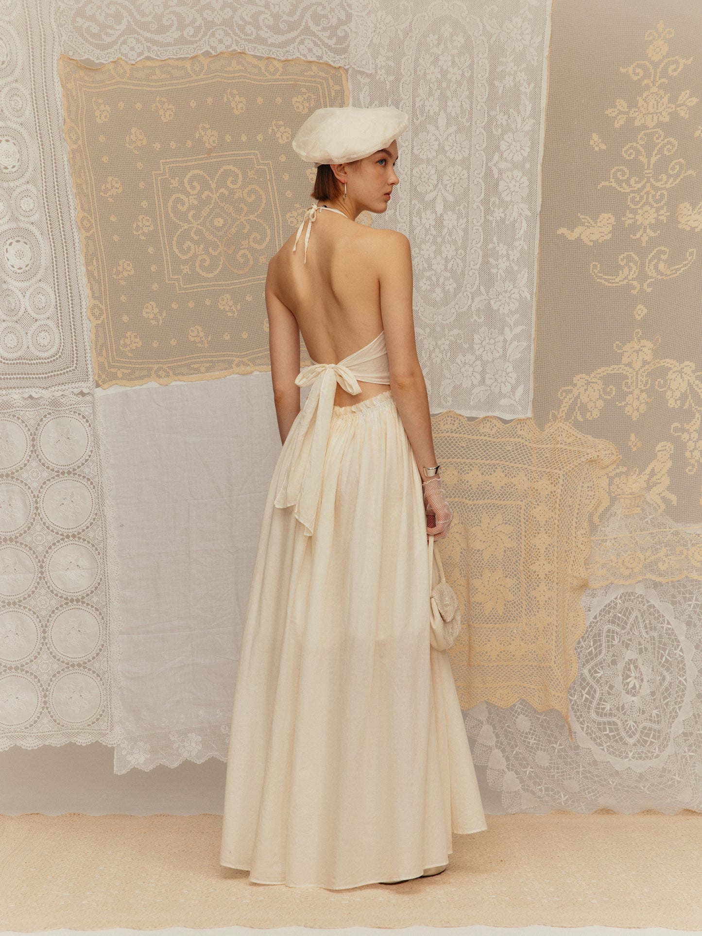 Halter Neck Lace-Up Embroidered Hollow-Out Dres