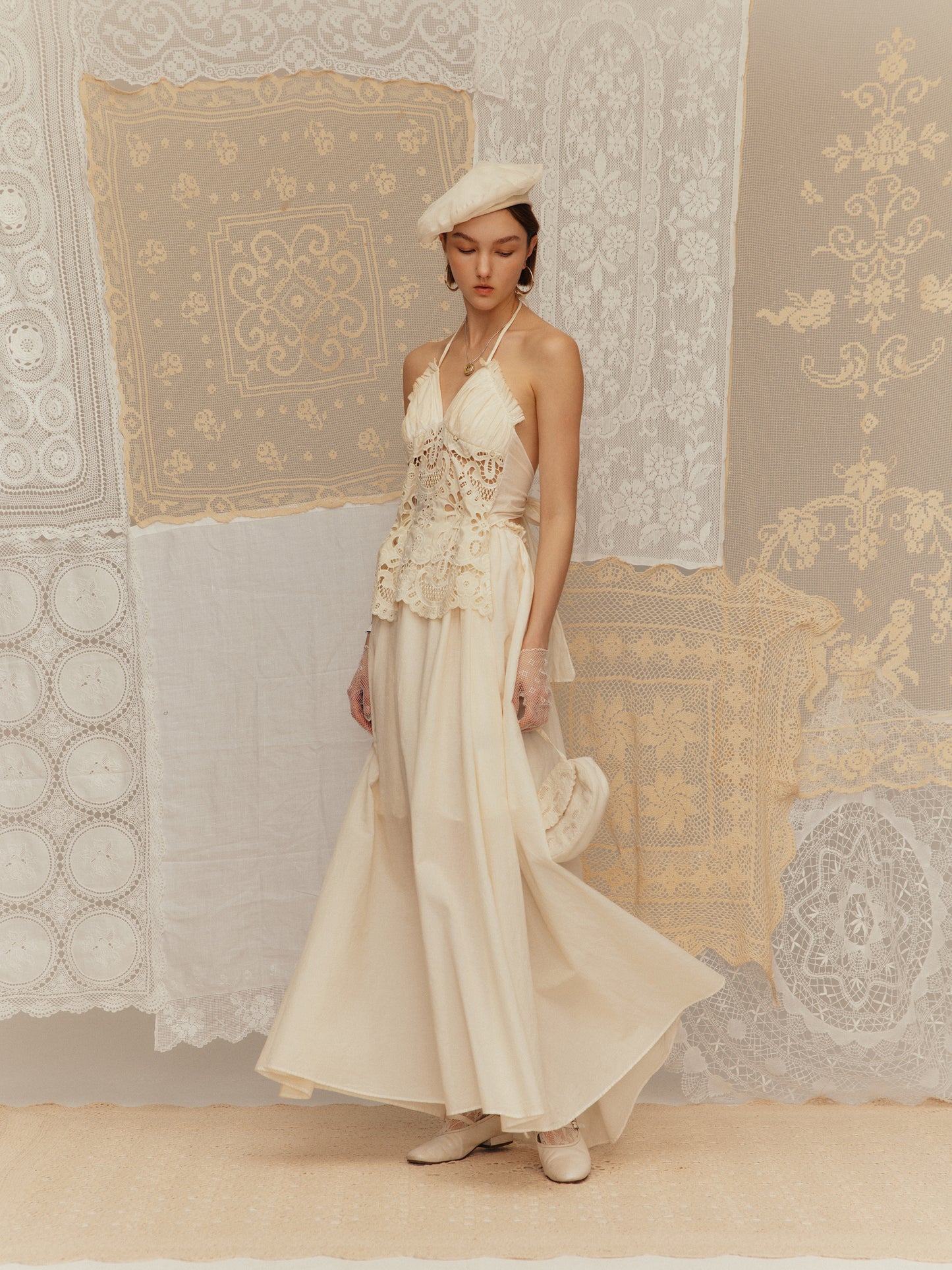 Halter Neck Lace-Up Embroidered Hollow-Out Dres